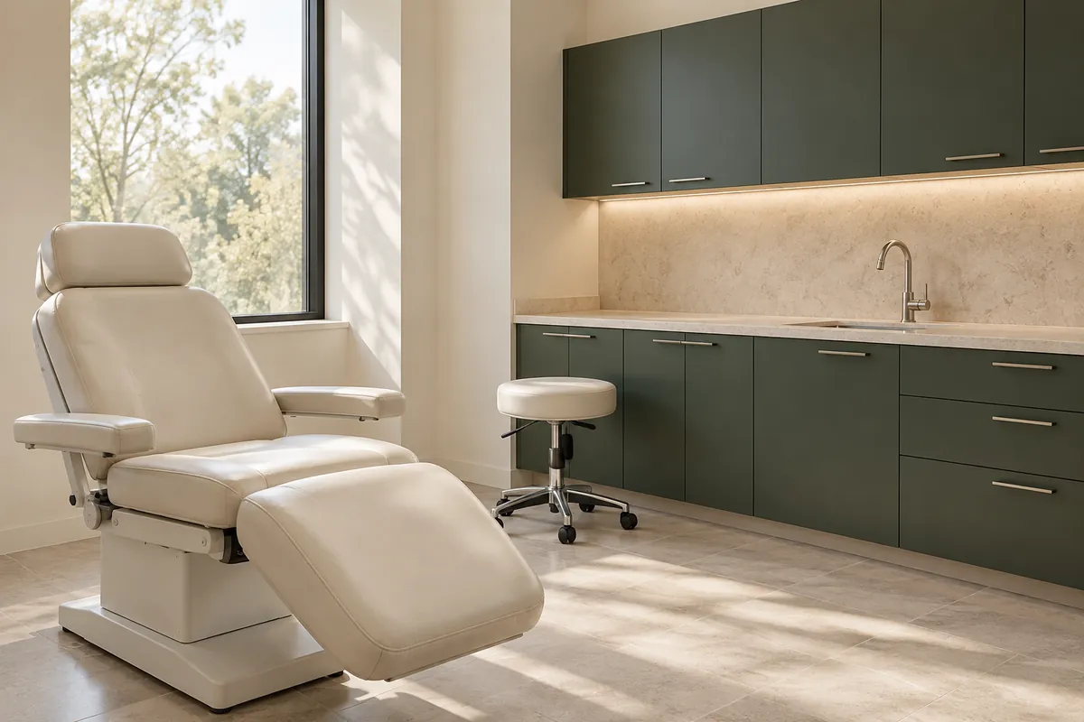 MOVA’s consultation room: light walls, moss-green cabinets and natural light