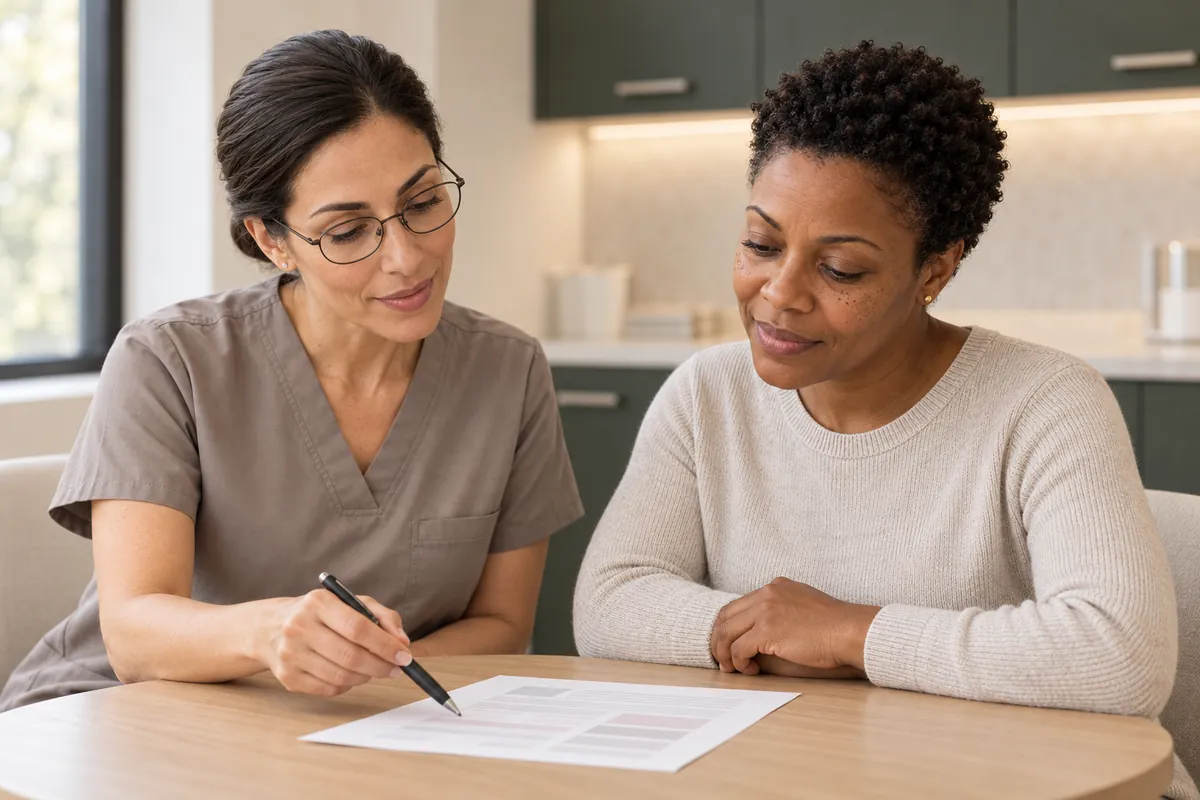 Dr. Maya reviews the assessment record with a patient