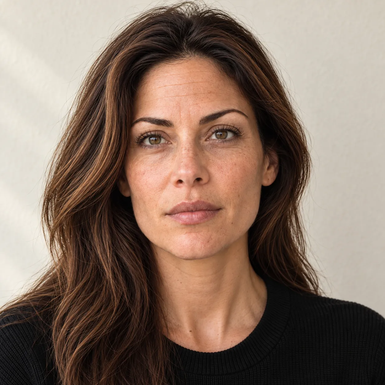 Front view of a face at rest, with fine lines on the forehead, between the brows and around the eyes